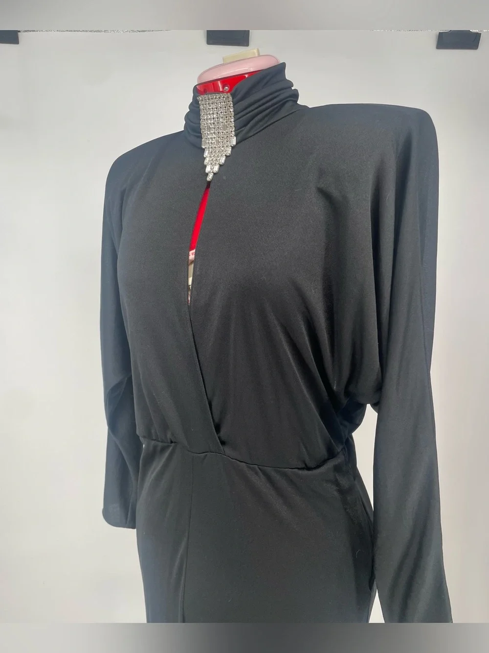 80s Dramatic Shoulder Pad Open Back Long Sleeve Jumpsuit Rhinestone Detail